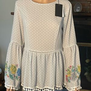 White and Blue Peplum Blouse with Embellished Bell Sleeves